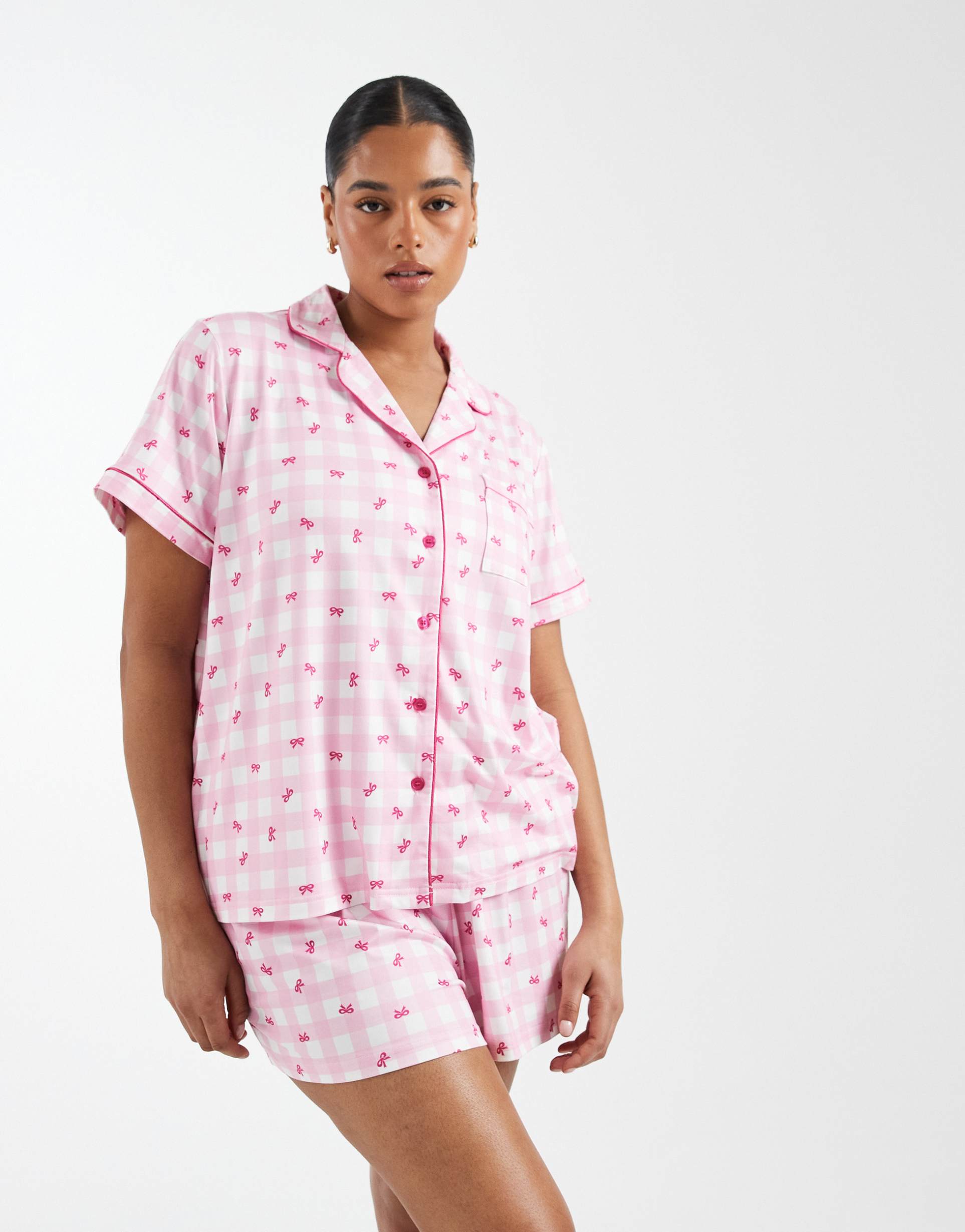 loungeable curve pink gingham supersoft jersey short sleeve shirt & shorts pajama set in bow print