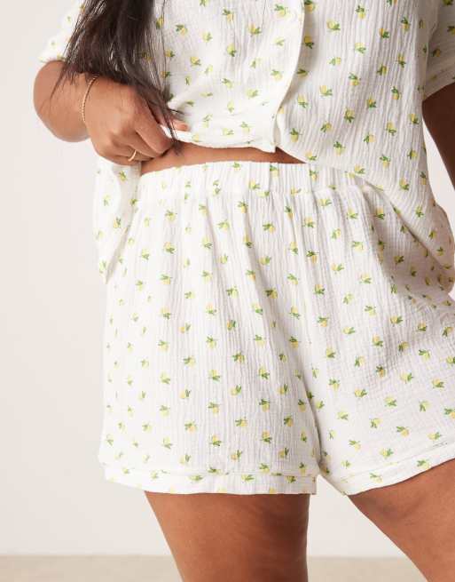 Loungeable Curve printed lemon crinkle cotton short sleeve shirt & short pajama set in ivory