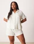 [Loungeable] Loungeable Curve printed lemon crinkle cotton short sleeve shirt & shorts pyjama set in ivory-White 22 IVORY