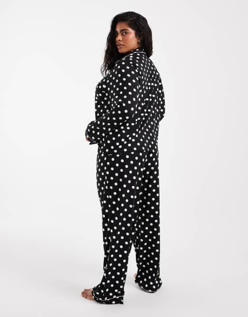 Loungeable Curve revere tie front shirt and pants pyjama set in polka dot, 4 of 4