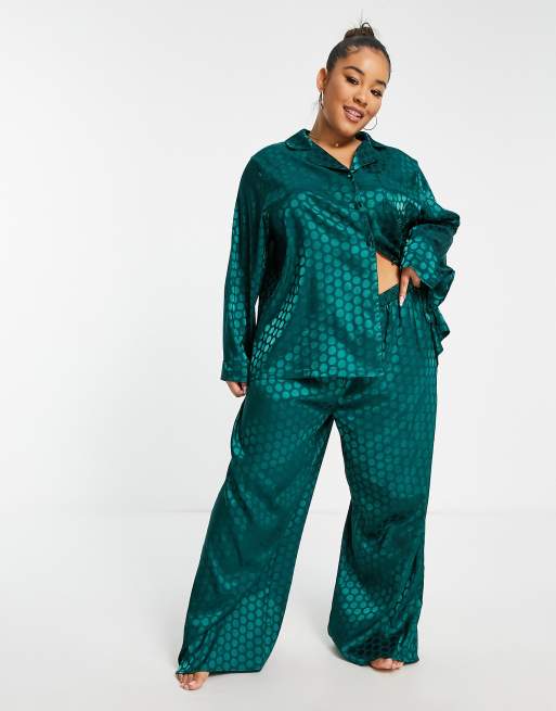 Loungeable Curve satin jacquard spot revere pajama set emerald green