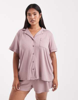 Loungeable Curve - Sehr weicher Jersey-Pyjama in staubigem Malve mit kurzärmligem Hemd und Shorts-Rosa