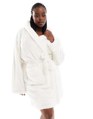 Loungeable Loungeable Curve sherpa hooded ears mini robe in cream-White