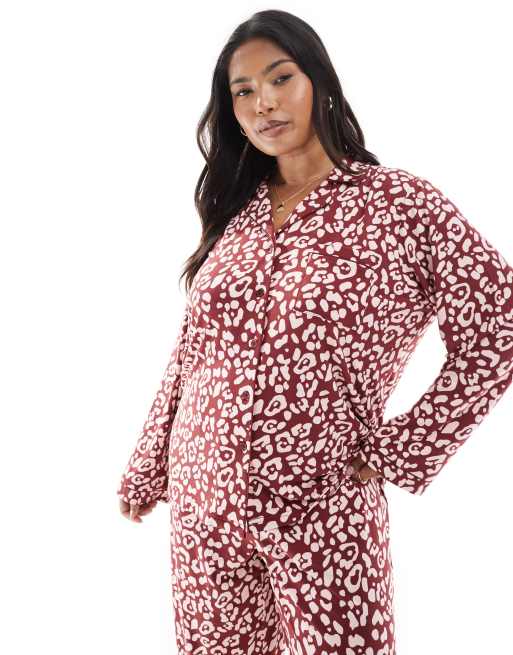 Loungeable Curve super soft jersey camp collar pajama set with piping detail in red leopard print