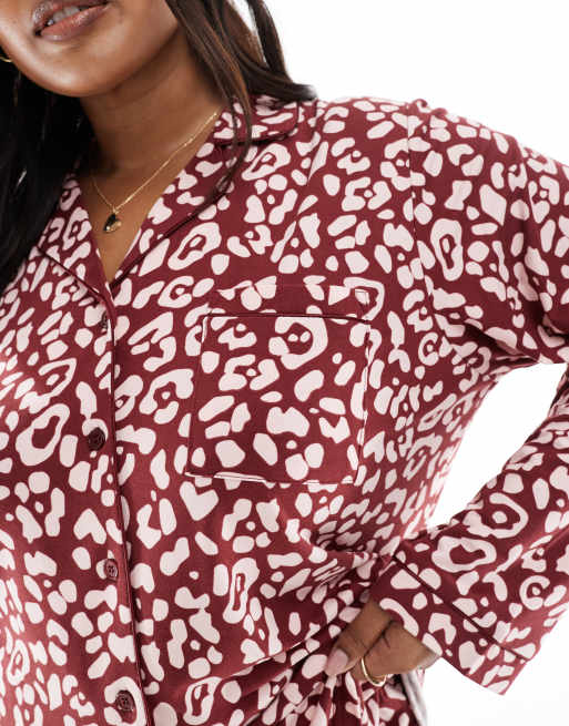 Loungeable Curve super soft jersey camp collar pajama set with piping detail in red leopard print