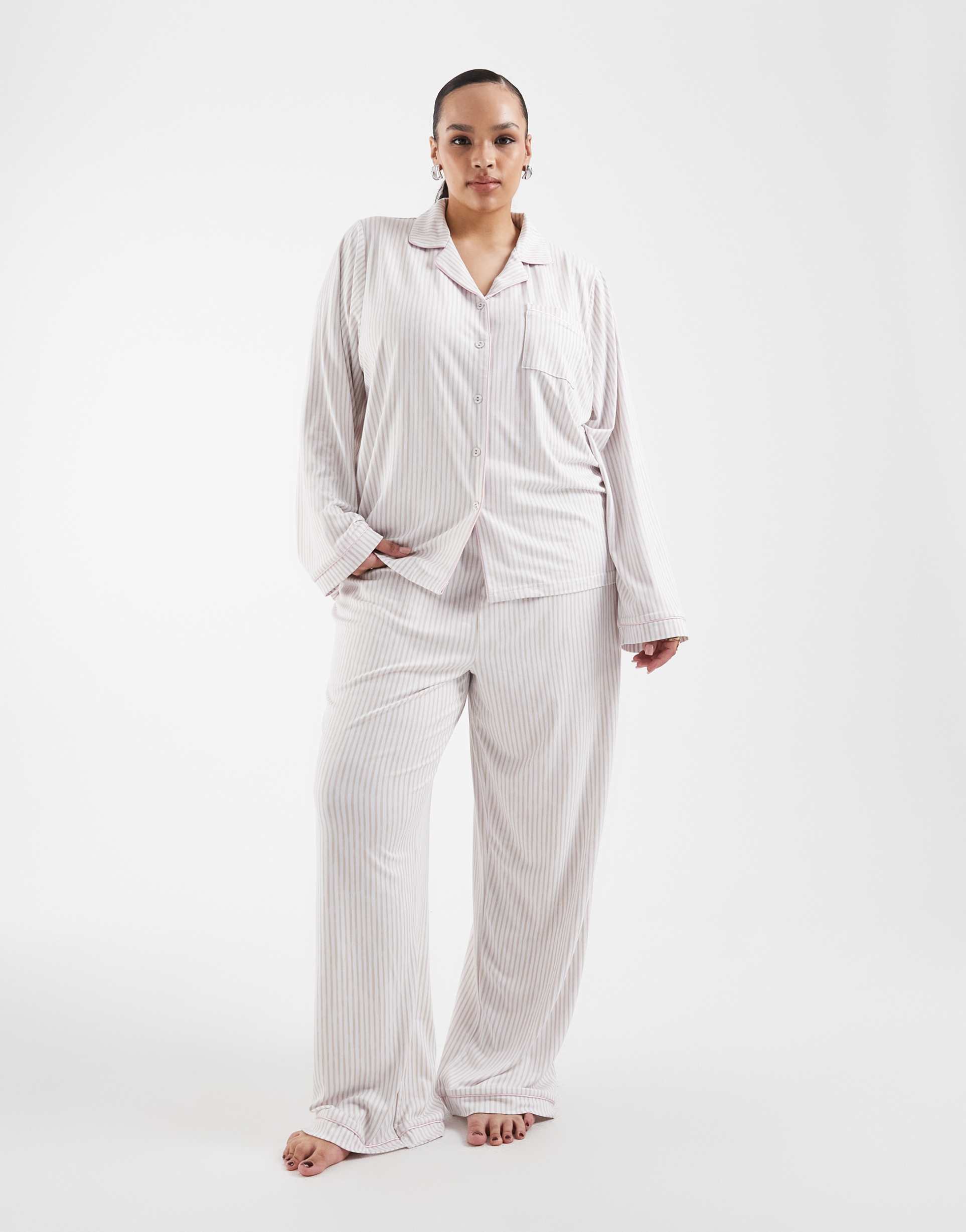 loungeable curve super soft jersey camp collar top and pants pajama set in beige and white stripe