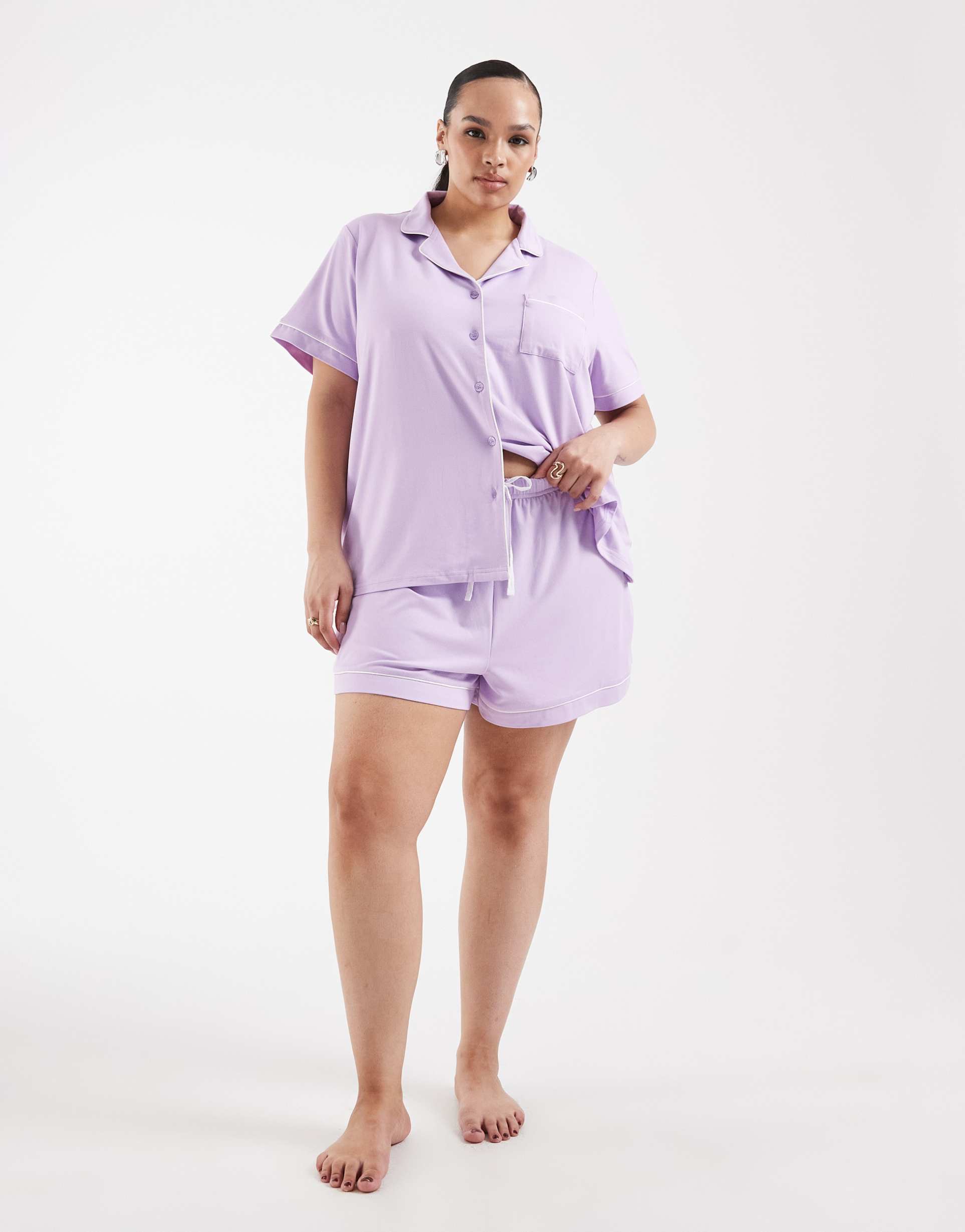 loungeable curve super soft jersey camp collar top and shorts set in lilac