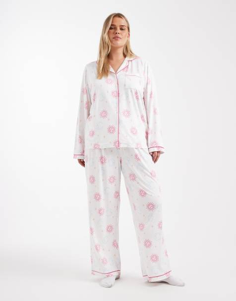 Loungeable Curve super soft jersey camp collar top and wide leg pajama set in celestial multi - view 1