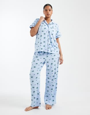 Loungeable Curve super soft jersey camp collar top and wide leg pants pajama set