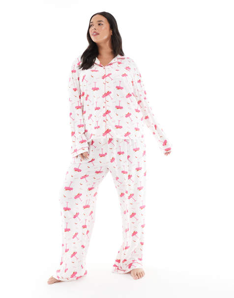Loungeable Curve super soft jersey camp collar top and wide leg pants pajama set with piping detail in spicy marg print - view 1