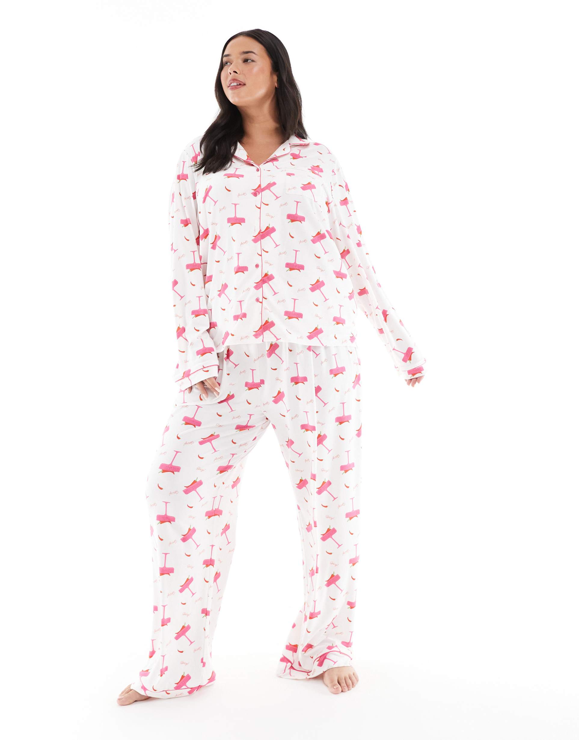 loungeable curve super soft jersey camp collar top and wide leg pants pajama set with piping detail in spicy marg print