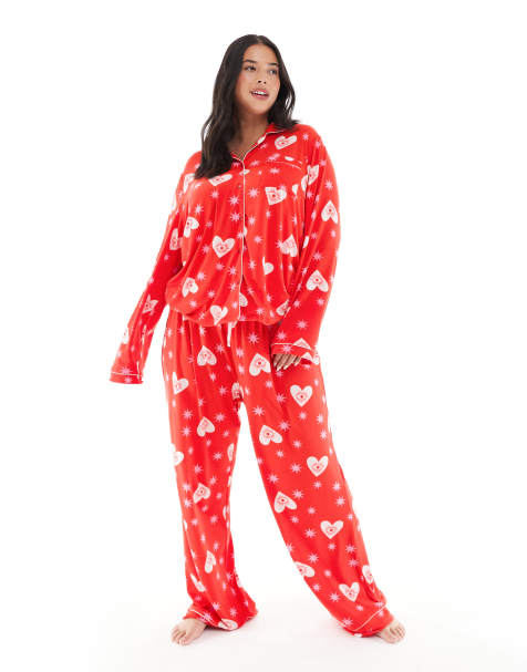 Loungeable Curve super soft jersey pyjama revere top and wide leg pants set in red starry eyes print - view 1