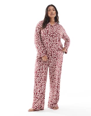 Loungeable Loungeable Curve super soft jersey revere pyjama set with piping detail in red leopard print