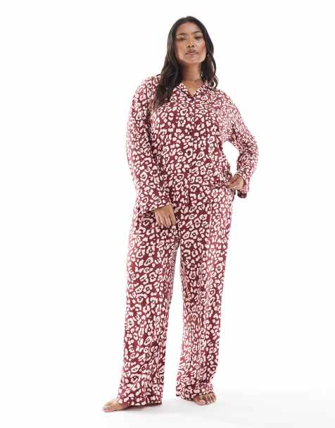 Loungeable Curve super soft jersey revere pyjama set with piping detail in red leopard print - view 1