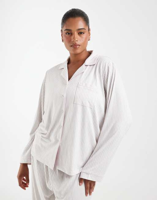 Loungeable Curve super soft jersey revere top and pants set in beige and white stripe, 2 of 4
