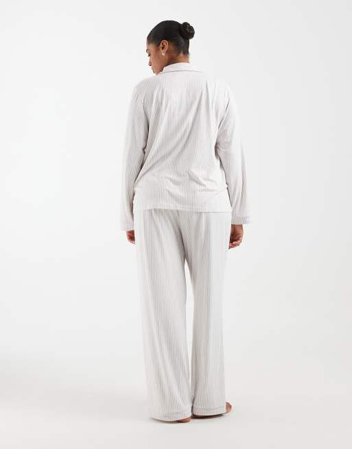 Loungeable Curve super soft jersey revere top and pants set in beige and white stripe, 4 of 4