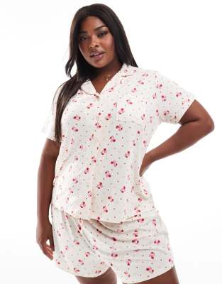 Loungeable Loungeable Curve super soft jersey revere top and short pyjama set with piping detail in cherry and heart print-Multi