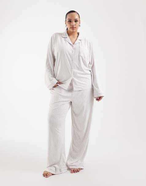 Loungeable Curve super soft jersey revere top and trouser set in beige and white stripe - view 1