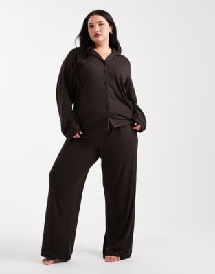 Loungeable Curve super soft jersey revere top and wide leg pajama set with piping detail in chocolate brown