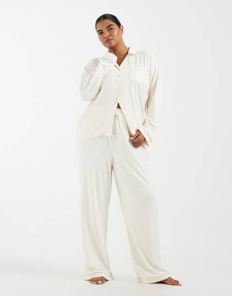Loungeable Curve super soft jersey revere top and wide leg pajama set with piping in marshmallow - view 1