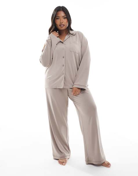 Loungeable Curve super soft jersey revere top and wide leg pants pyjama set with piping detail in black - view 1