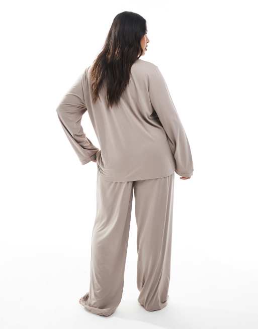 Loungeable Curve super soft jersey revere top and wide leg pants pyjama ...