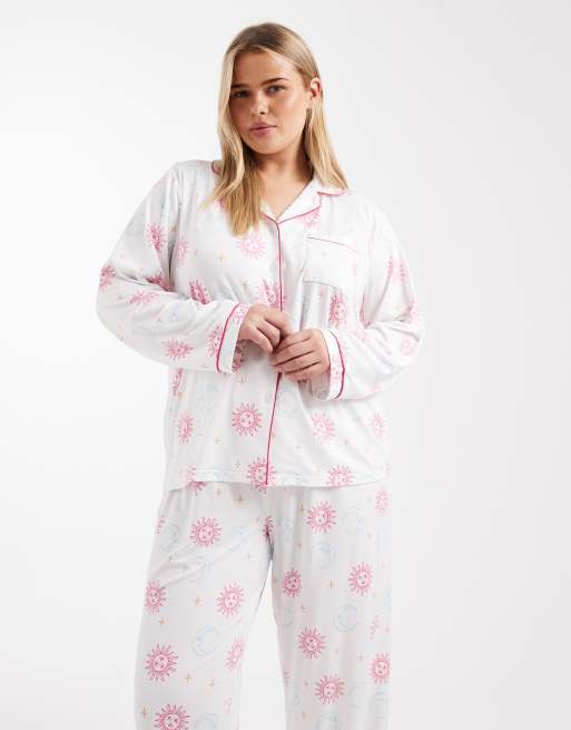Loungeable Curve super soft jersey revere top and wide leg pyjama set in celestial multi, 2 of 4