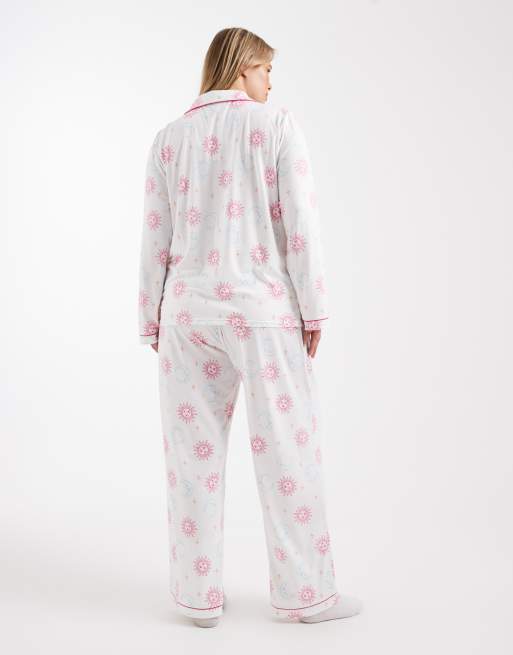 Loungeable Curve super soft jersey revere top and wide leg pyjama set in celestial multi, 3 of 4