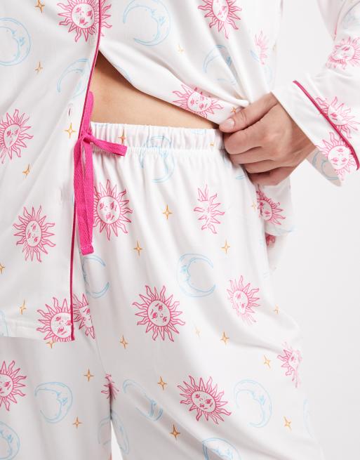Loungeable Curve super soft jersey revere top and wide leg pyjama set in celestial multi, 4 of 4