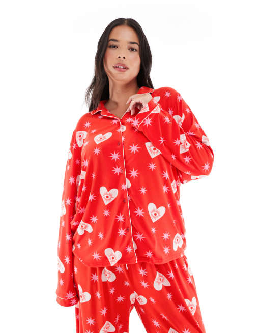 Loungeable Curve super soft jersey revere top and wide leg pyjama set in red starry eyes print, 2 of 4