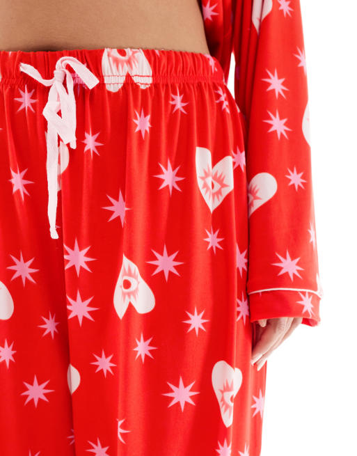 Loungeable Curve super soft jersey revere top and wide leg pyjama set in red starry eyes print, 3 of 4