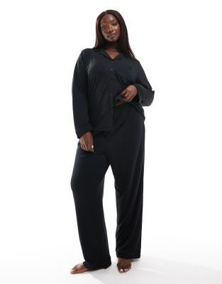 Loungeable Loungeable Curve super soft jersey revere top and wide leg pyjama set with piping detail in black