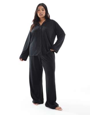 Loungeable Loungeable Curve super soft jersey revere top and wide leg pyjama set with piping detail in black