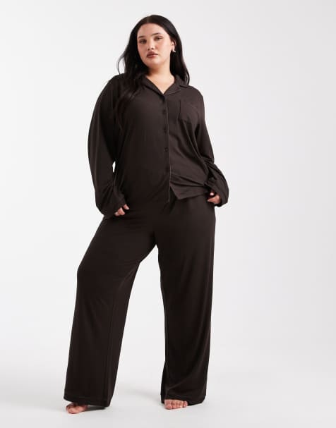 Loungeable Curve super soft jersey revere top and wide leg pyjama set with piping detail in chocolate brown - view 1