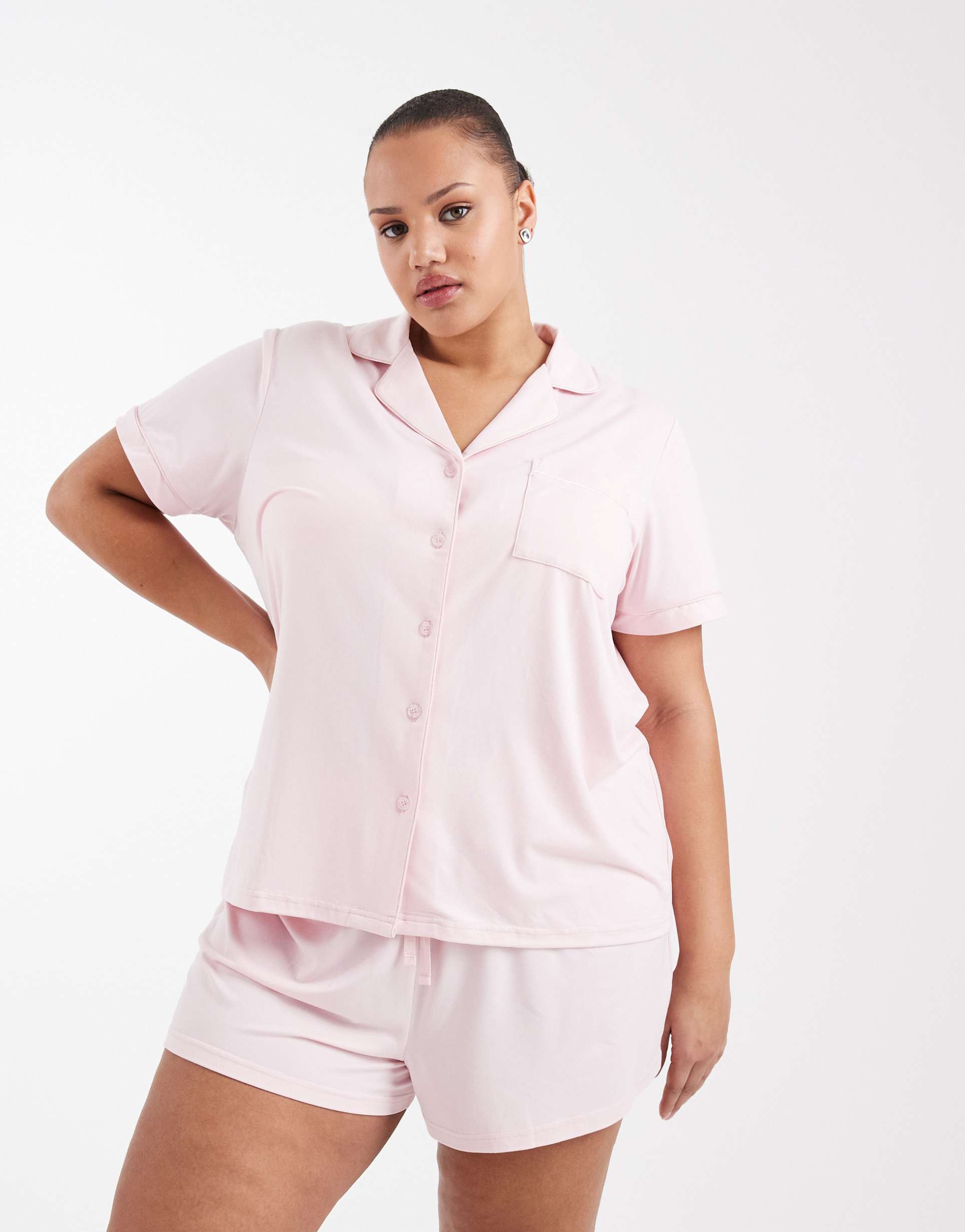 loungeable curve super soft jersey short sleeve shirt & shorts pajama set in muted pink