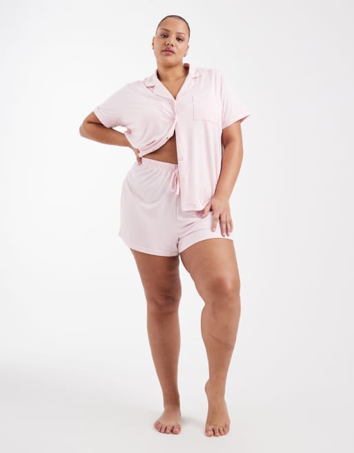 Loungeable Curve super soft jersey short sleeve shirt & shorts pajama set in muted pink, 3 of 4
