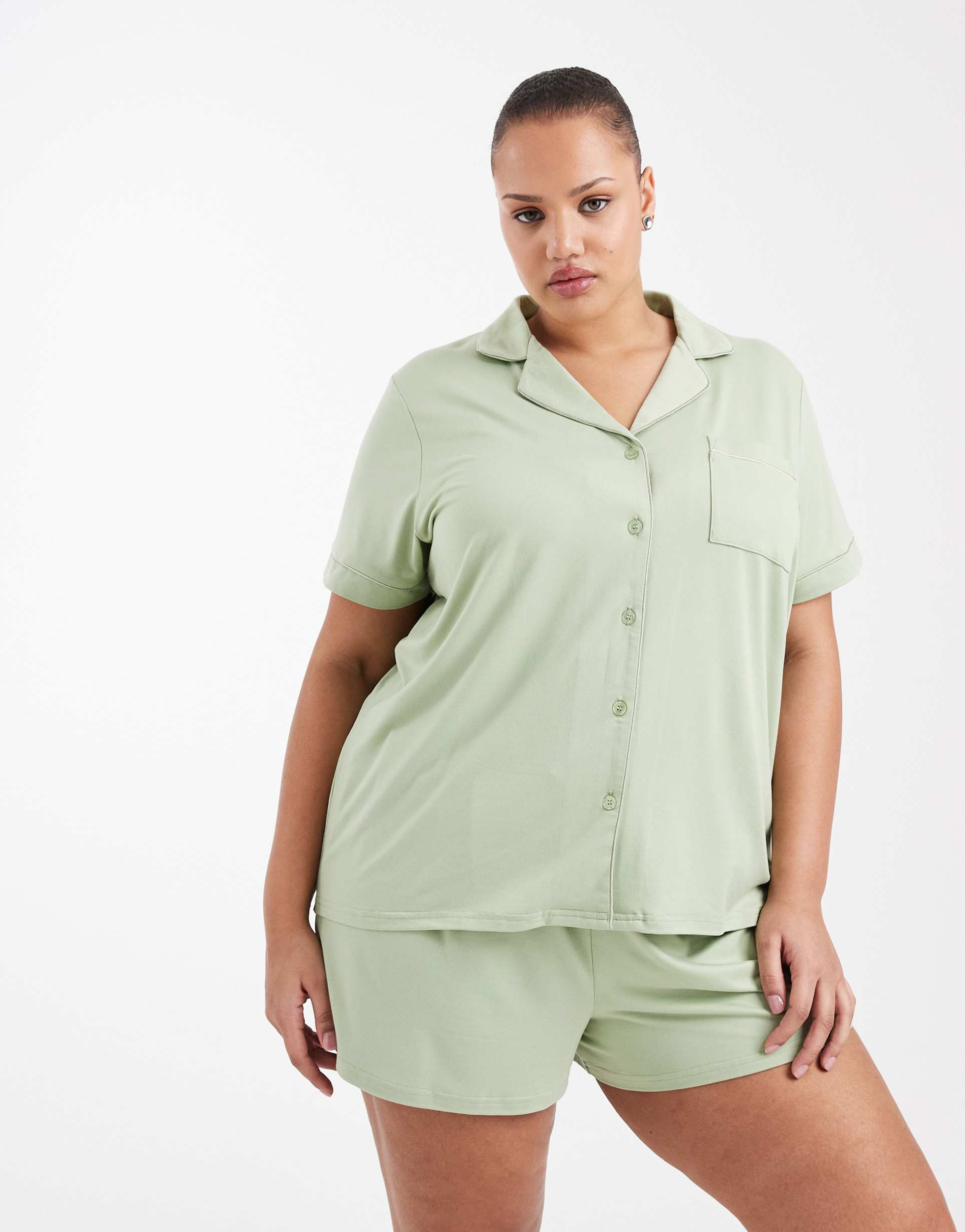 loungeable curve super soft jersey short sleeve shirt & shorts set in muted sage
