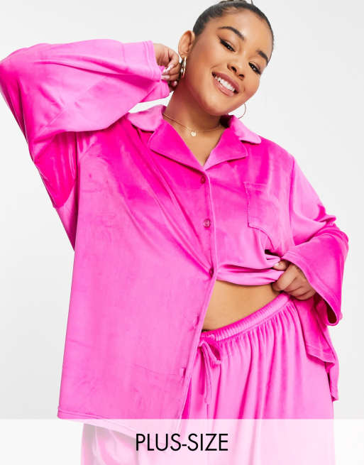 Loungeable super soft velour revere pyjama set in hot pink