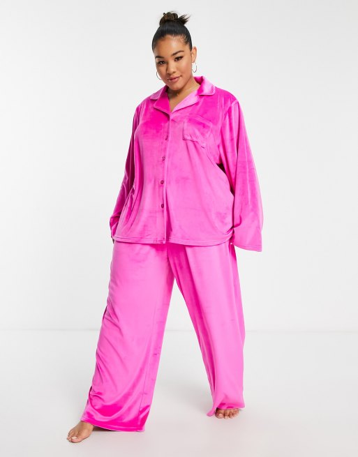 Loungeable Curve super soft velour revere pajama set in hot pink