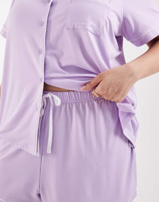 Loungeable Curve superblødt jerseysæt med revers-top og shorts i lilla, 2 af 4
