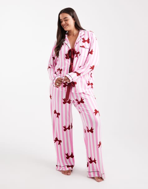 Loungeable Curve supersoft jersey bow print pajama set in pink stripes - view 1
