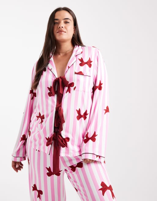 Loungeable Curve supersoft jersey bow print pajama set in pink stripes