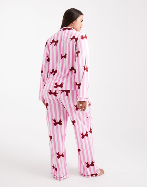Loungeable Curve supersoft jersey bow print pajama set in pink stripes