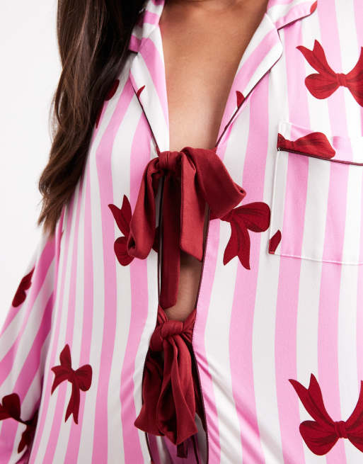 Loungeable Curve supersoft jersey bow print pajama set in pink stripes