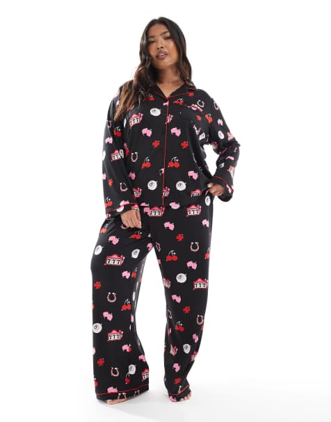 Loungeable Curve supersoft jersey lucky print pyjama set in black - view 1