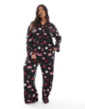[Loungeable] Loungeable Curve supersoft jersey lucky print pyjama set in black 18 BLACK