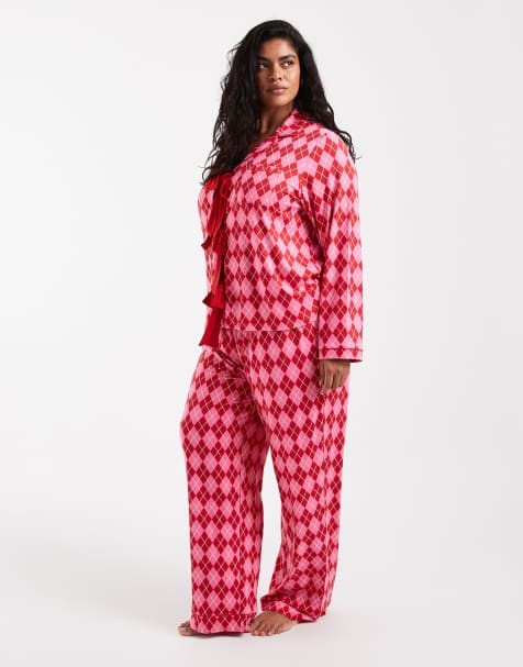 Loungeable Curve supersoft jersey tie front shirt and pants pyjama set in pink and red argyle check - view 1