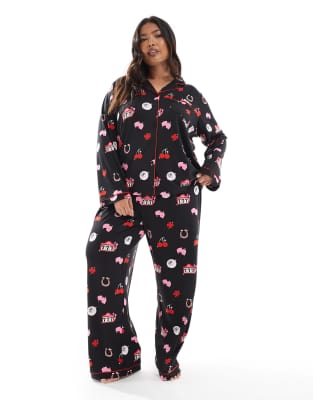 Loungeable Curve - Superweicher Pyjama aus Jersey in Schwarz mit Glückssymbol-Print