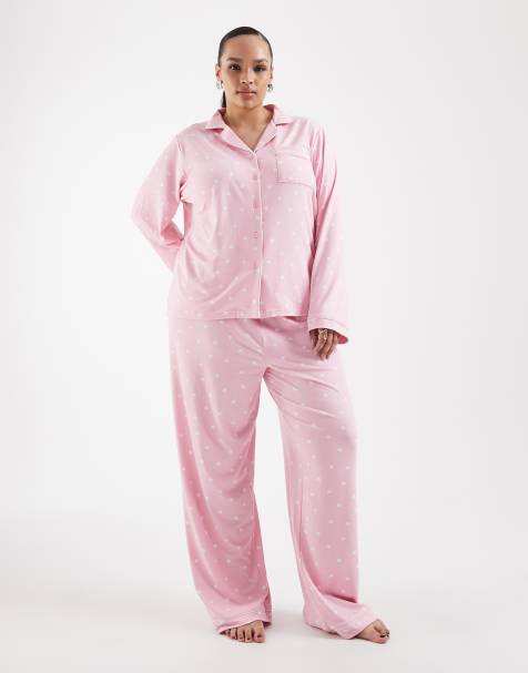 Loungeable Curve superzachte jersey set met overhemdkraagtop en broek in roze polkadot - view 1