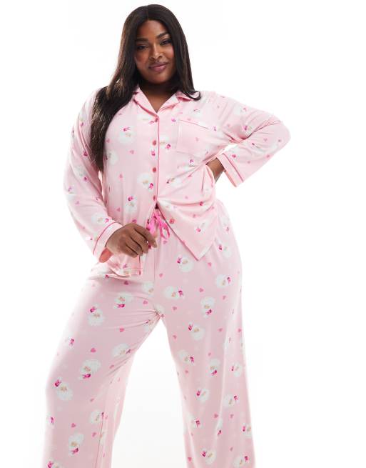 Loungeable Curve – Weihnachten – Jersey-Pyjama mit Weihnachtsmann-Print in Rosa/Rot